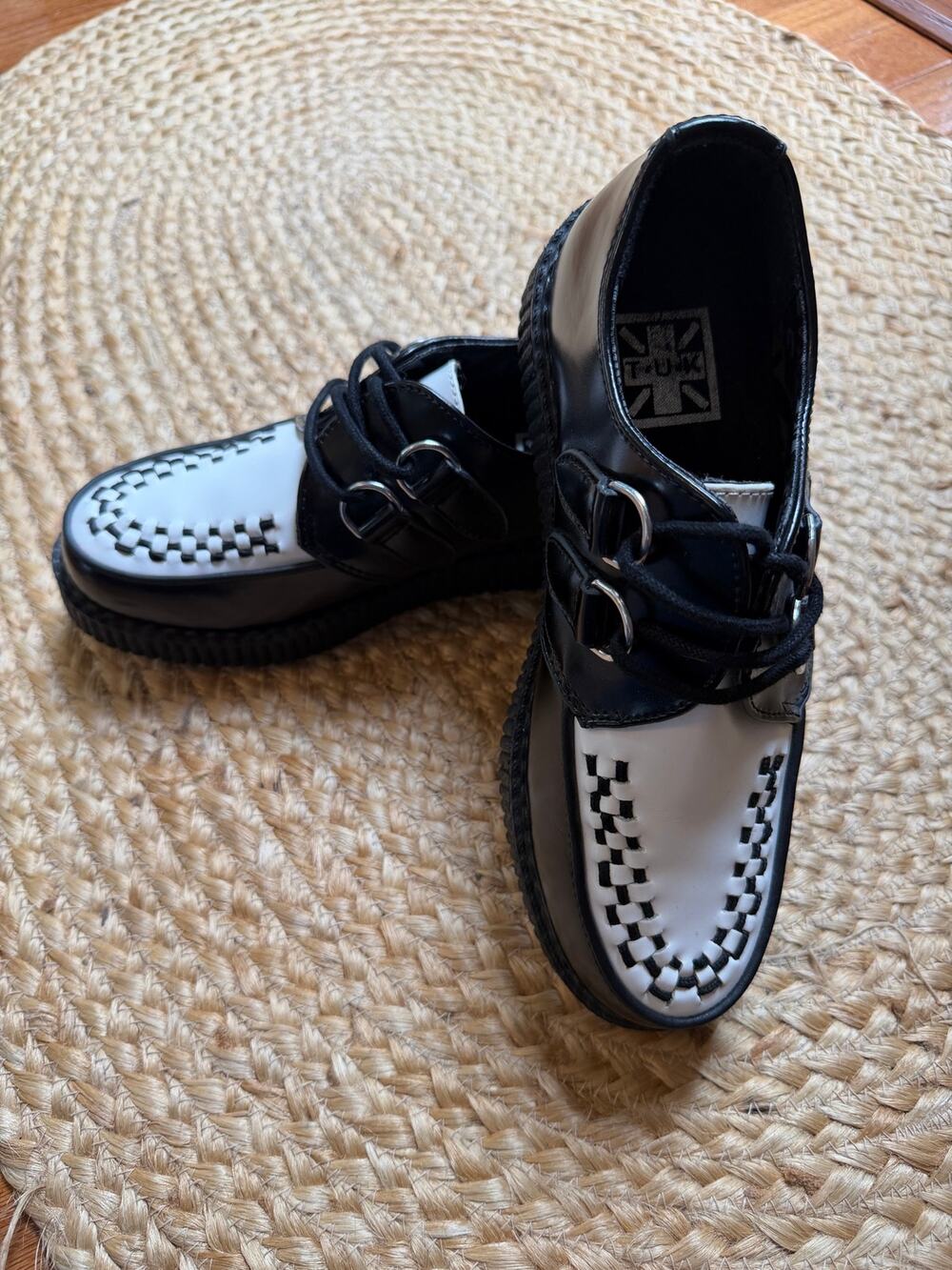 T.U.K. Black & White Interlace Leather Creepers Platform Shoes - Women's 8/EU 39